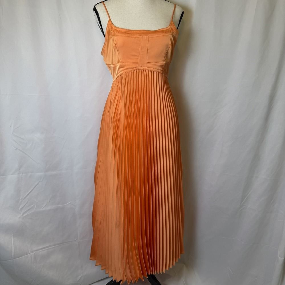 House of Harlow 1960 Orange Pleated Satin Slip Midi Dress Square Neck M